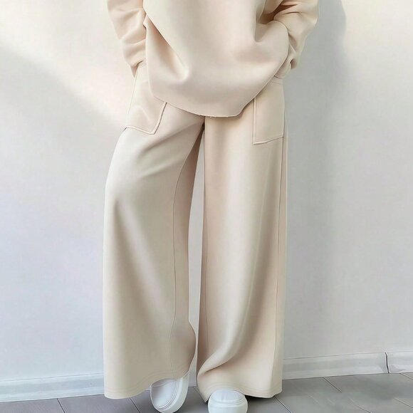 Khaki Casual Women's Plus Size Round Neck Top And Pants Set - Picture 3 of 3